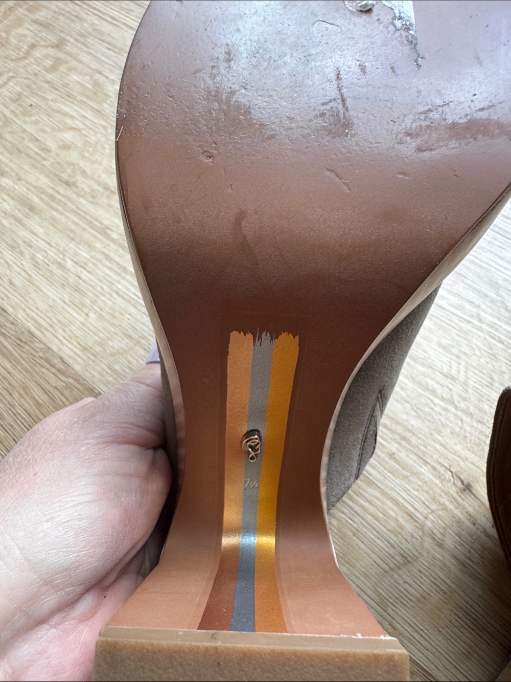 Sam Edelman Taupe Suede Platform Mules with Wood-Look Heel - Picture 7 of 8
